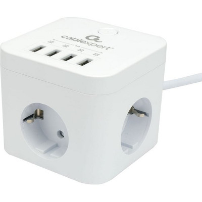 Сетевой фильтр  1.5м, 3 розетки, 10А/2500Вт, 3x0.75, 4хUSB, Cablexpert Cube [CUBE-3-U4-W-1.5] белый