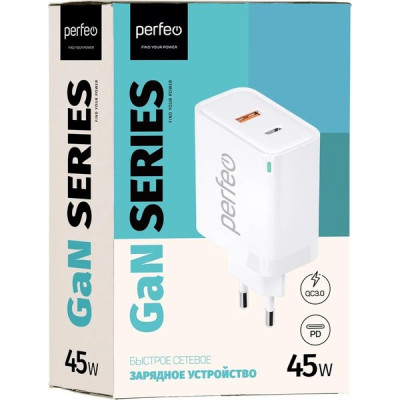 Зарядное устройство Perfeo, PD, с разъемом USB+Type-C, GaN, 45W [I4654] белый