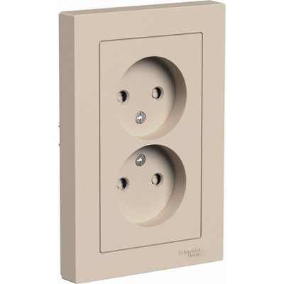 Розетка с/у 2x2P 16A, IP20, со шторк., в сборе, Schneider Electric ATLASDESIGN [ATN001222] песочный