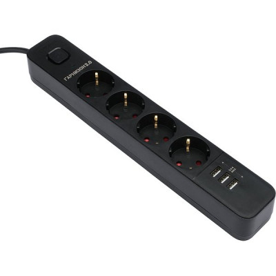 Сетевой фильтр  2м, 4 розетки, 10А/2500Вт, 3xUSB, Гарнизон [EPS-4-U3-B-2] черный