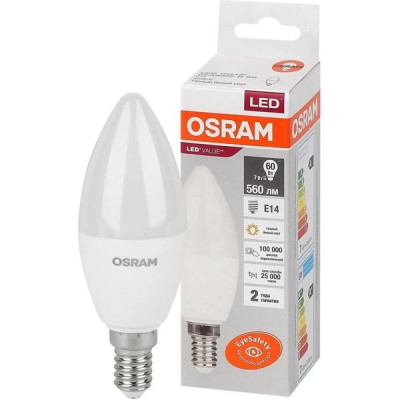 Лампа LED E14/C37 свеча,  7W, 3000К, 560Лм свеча 220 В OSRAM