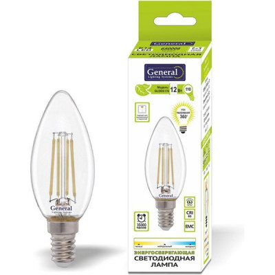 Лампа LED E14/C37 свеча, 12W, FILAMENT, 2700K, 910Лм, GL [GLDEN-CS-12-230-E14-2700]