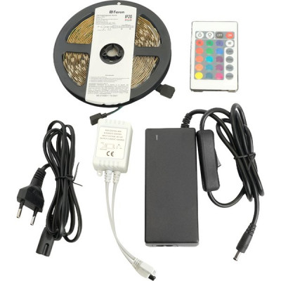 Комплект лента LED 12В IP44 SMD5050 60/м, RGB, 14Вт/м, 5м, адаптер+пульт, Feron [LS606]
