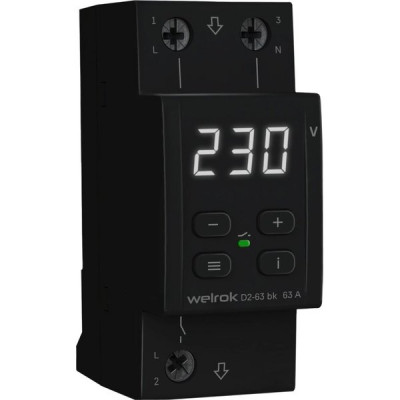 Реле напряжения 1-фазное, 63А, 13900ВА, 100–420В, Welrok [D2-63 bk] черный, белый индикатор