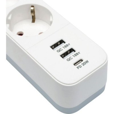 Сетевой фильтр  2м, 3 розетки, 10А/2500Вт, 2xUSB, 1xType-C PD QC, Гарнизон [EPS-3-CU2-W-2] белый