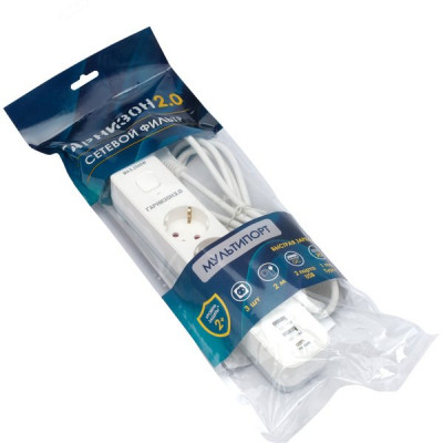 Сетевой фильтр  2м, 3 розетки, 10А/2500Вт, 2xUSB, 1xType-C PD QC, Гарнизон [EPS-3-CU2-W-2] белый