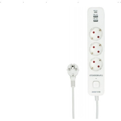Сетевой фильтр  2м, 3 розетки, 10А/2500Вт, 2xUSB, 1xType-C PD QC, Гарнизон [EPS-3-CU2-W-2] белый